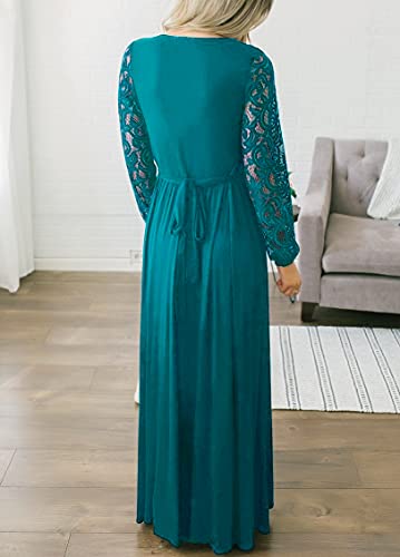 Image of Kranda Womens Vintage Floral Lace Long Sleeve Faux Wrap V Neck Party Long Maxi Dress