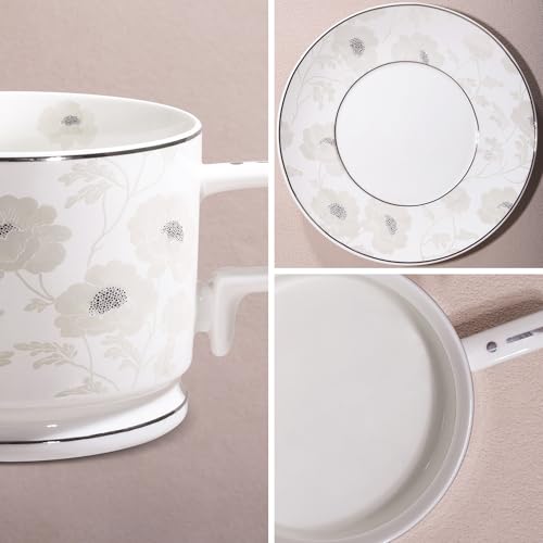 fanquare 7 Ounces Bone China Teacup and Saucer Set for 6, Silver Trimmed Peony Floral Porcelain Coffee Cup with Anti-Slip Design for Home Office Wedding by fanquare - Image 3