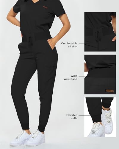 Monarch Uniforms Slim Fit Stretchy Scrubs Women's Jogger Scrub Set Slim Jogger Scrubs with Tuck-In Top for Women (BLACK-S)