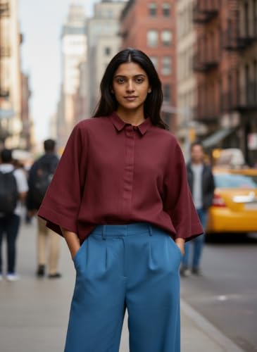 Image of Shirt for Women | Casual Button Down Long Sleeve Blouse | Oversized Striped Loose Fit Cotton Top with Pocket | Trendy Collar Aesthetics & Streetwear Tunics(34-S-1-5)