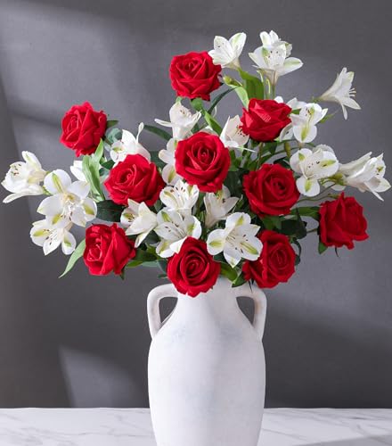 FancyPlus Fake Flowers 14 Pcs Red Roses & Fake Lilies Silk Flowers Real Touch Artificial Flowers Indoor Fake Roses with Long Stems DIY Spring Home Decor Easter Decorations Mother Gifts Wedding Gifts