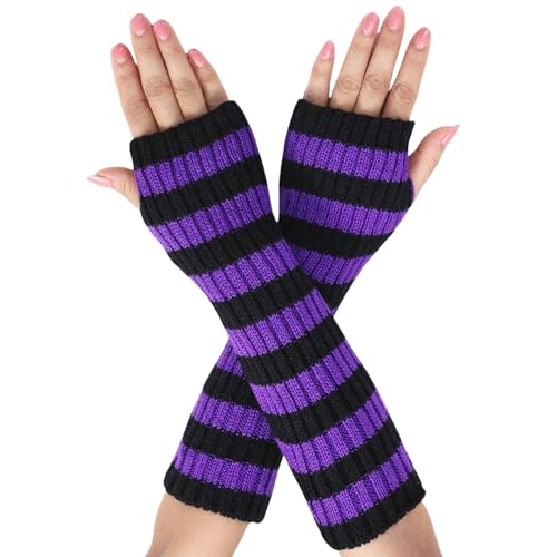 Symphonyw Damen Lange Fingerlose Handschuhe, Gestreift Stricken Armstulpen, Weiche Winter Armwärmer mit Daumenloch (Schwarz+Lila)