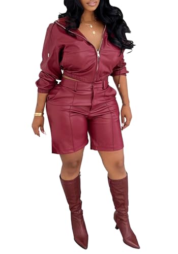 Symina 2 Piece Outfits for Women Sexy PU Long Sleeve