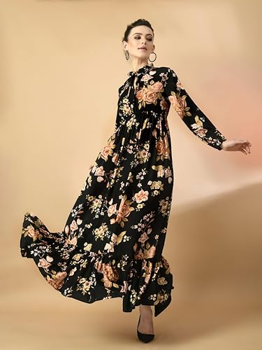 Image of KZULLY | Floral Printed Maxi Dresses for Women | Long Sleeve Beautiful Floral Patterns | Stylish and Elegant Dress | Tie Neck