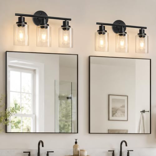 Image of Unicozin 2 Pack Modern Bathroom Light Fixtures, 3 Light Vanity Lights, Black Wall Lamp with Clear Glass for Bathroom, Mirror, Living Room, Bedroom, Hallway, E26 Base