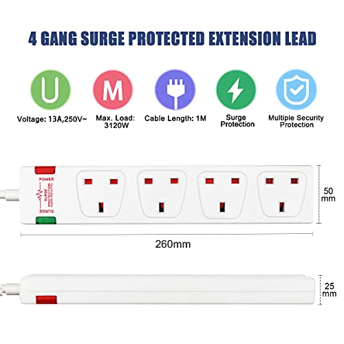 ExtraStar-4-Way-Extension-Lead-with-Surge-Protection-13A250V-Multi-Sockets-Power-Strips-3120W-Fused-UK-Plug-Wall-Mounted-Power-Socket-with-1M-Extension-Cord-White