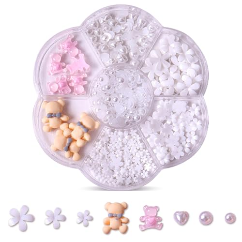 SHANRUN Colorful Bear Flowers Nail Charms - Cute Kawaii 3D Resin Acrylic Nail Gems Pearl Bear Nail Charms Set for Press on Nails Art Design DIY Loving Heart Nail Art Rhinestones Decoration Supplies