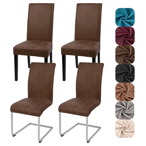 Alishomtll Sämischleder Stuhlhussen 4er Set Stretch PU Stuhlbezug Schwingstühle Elastische Hussen für Stühle Abnehmbar Esszimmer Stuhlbezüge Freischwinger für Küche Restaurant Hotel (Braun, 4 Stück)