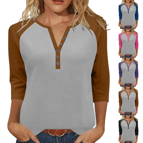 Women's 3/4 Sleeve Tops Henley V Neck Color Block Raglan Tshirts Casual Jersey Baseball Shirts Athletic Vintage Y2K Tee A07 Brown Large