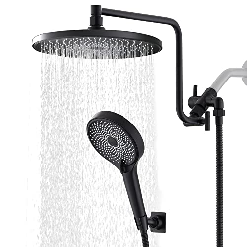 10" High Pressure Rainfall Shower Head with Handheld Combo, Upgrade 12" Extension Arm Height Adjustable, 3-Way Powerful Shower Head with Hand Shower, Brass Shower Holder Long Shower Hose, Matte Black