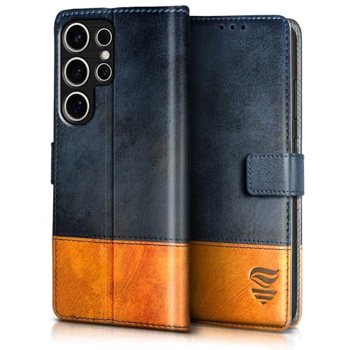Image of FLIPPED Vegan Leather Flip Case Back Cover for Samsung Galaxy S25 Ultra 5G (Flexible, Shock Proof | Hand Stitched Leather Finish | Card Pockets Wallet & Stand | Irish Blue with Tanned Oak)
