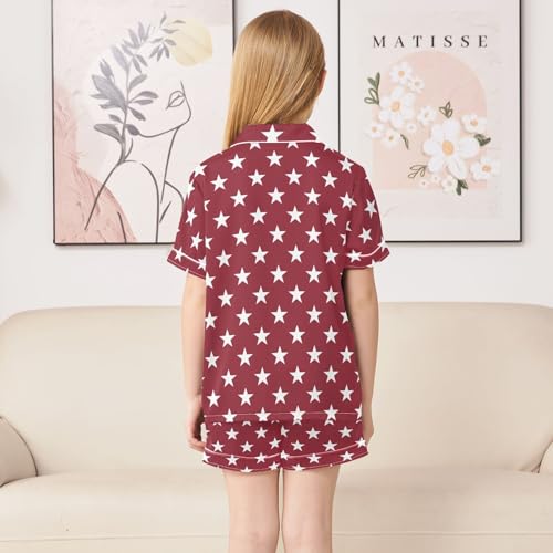 Red Stars Prints Summer Satin Pajama Set, Cute Button-Down Sleepwear Pj Set for Sleep Wears4