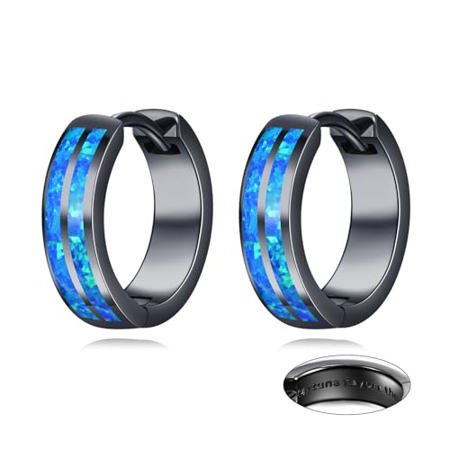 Black Hoop Earrings for Men Sterling Silver Blue Opal/Turquoise/Malachite Huggie Hoops Earrings Jewelry Gift for Men