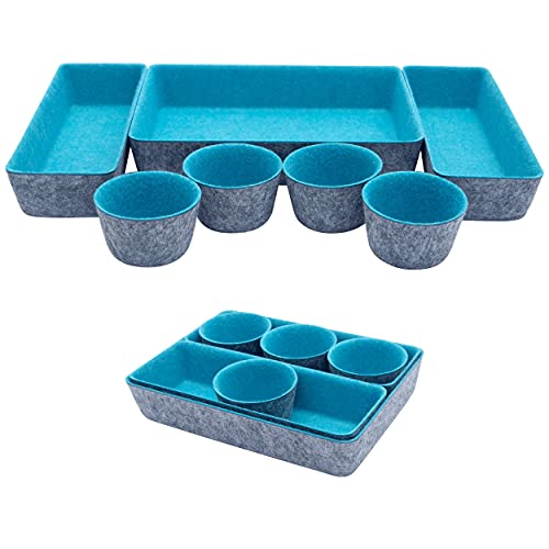 Teeo - Desk Organizer Drawer - Makeup Drawer Organizer Trays - Bathroom Drawer Organizer - Small Desk Organizer - Home Office Cosmetic Bins Dividers Compartment Organization - Pack of 7, Turquoise