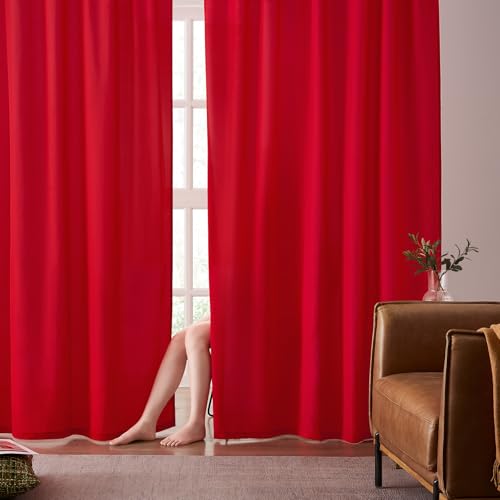 HOMEIDEAS Non-See-Through Red Sheer Curtains 84 Inches Long 2 Panels Set Privacy Light Filtering Semi Sheer Curtains for Living Room Bedroom Drapes W52xL84