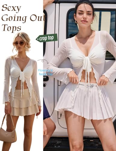 Image of Avidlove Women Mesh Crop Top Y2K Tie Front Tops Rave Top Sheer Cardigan Sexy V Neck Outfits S-2XL