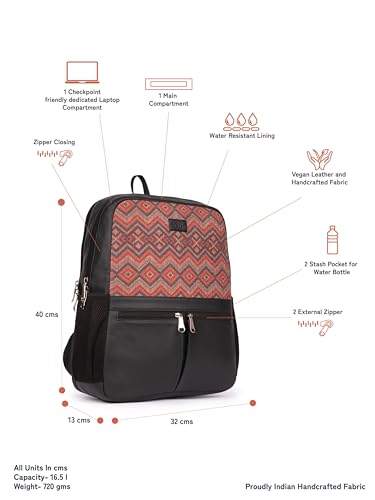 Image of ZOUK Women's Office Backpack | Vegan Leather & Handicraft Fabric | PeTA Approved | 15.6 Inch Laptop Compartment | Dual Zipper Pockets | Water Resistant | Trolley Passthrough | 17.5L