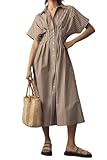 Chvity Women Stripe Tunic Maxi Shirt Dress Fashion Slim Fit Button Pleated Dresses Casual Short Sleeve Long Dress