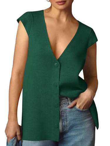 Image of Saodimallsu Womens Deep V Neck Sweater Vest Sleeveless Knit Button Up Loose Fit Cap Sleeve Trendy Summer Tops