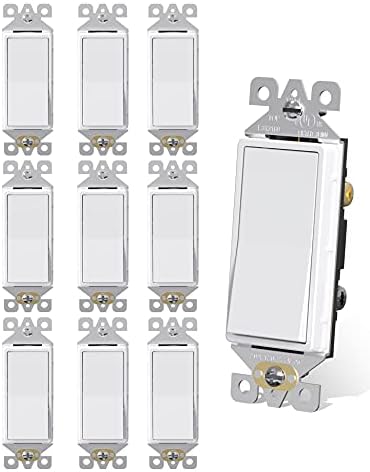 AIDA 3 Way Rocker Decorator Paddle Light Switch, Single Pole or Three Way, 3 Wire, Self-Grounding Screw, Residential Grade, 15A, UL Listed, Quick Push-in & Side Wired, White (10 Pack)