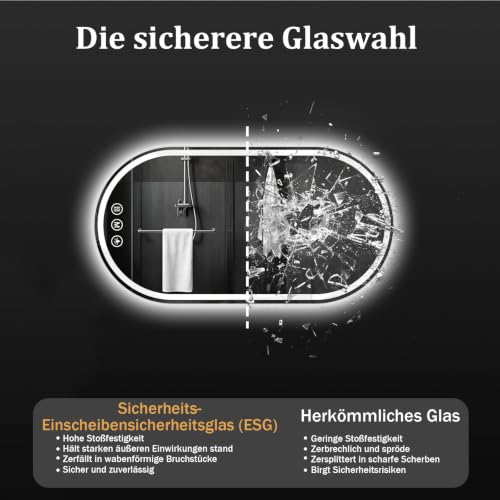 XRAMFY Badspiegel mit Beleuchtung LED 80×40CM Anti-Beschlag Badezimmer Wandspiegel Badezimmerspiegel IP65 Wassergeschützt – Ansicht 7