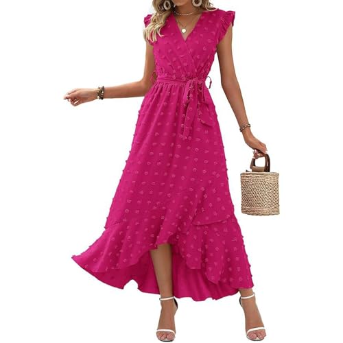 SCBFDI Robe Cocktail Femme Sexy Cintrée Ete Courte Devant Longue Derriere Manches Volantes Bureau Estivale Chic Plage Robe, Robe de Bal pour Femme Rose M