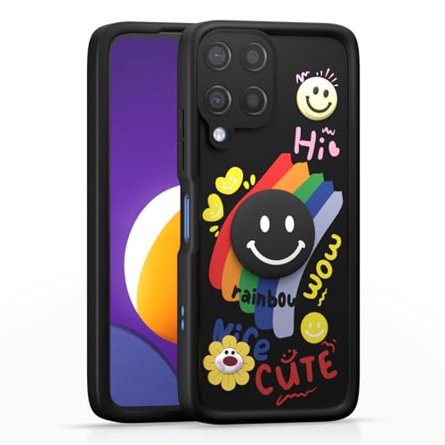 Image of Pikkme Back Cover for Samsung Galaxy M12 / F12 / A12 | Soft Silicone| Cute Rainbow Smile & 3D Cartoon Flower Design | Shockproof Raised Camera Protection Bumper Case (Black)
