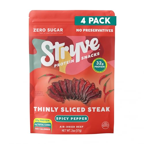 Stryve Protein Snacks - Better Than Jerky Steak Snacks. Protein Rich, Beef Biltong | 32g Protein, Sugar Free, Carbs Free, Gluten Free, Dairy Free, Keto & Paleo Friendly | Spicy Pepper, Pack Of 4