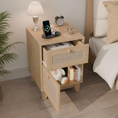 Modern Rattan Nightstand Set of 2, Wicker Rattan Stand with Drawer and Charge Station, Wooden Bedside Table for Small Spaces, Natural Wood Side Table for Bedroom (with Charging Station, 2) - Image 3