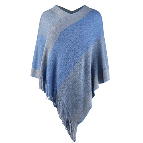 Image of Women's Elegant Knitted Shawl Poncho with Fringed V-Neck Striped Sweater Pullover Cape Gifts for Women Mom