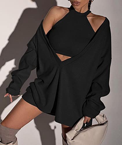 ECDAHICC Women's Two Piece Outfits Knitted Halter Neck Crop Tank Tops and Oversized Off Shoulder Deep V Neck Pullover Sweater2