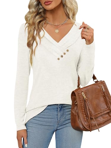 FMEYOA Women's Fall Long Sleeve Tunic Tops for Leggings V Neck Button Casual Blouse Sweatshirt(Beige,XX-Large) — view 2