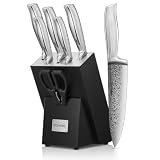 Kitchen Knife Set, FOHERE Knife Set with Advanced Self Sharpening Technology, 7 Pieces Waved Texture Knife Set with Block, Stainless Steel Kitchen Knives, Sharp Knives with Non-Slip Ergonomic Handle