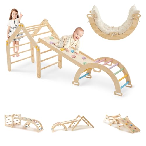 DENMOSTY 7-in-1 Montessori Klettergerüst Indoor ab 1 Jahr - Kletterdreieck mit Rutsche, Kletterbogen mit Kissen, Pikler Dreieck Baby Klettern Indoor Spielplatz Holz für Kinder und Kleinkinder