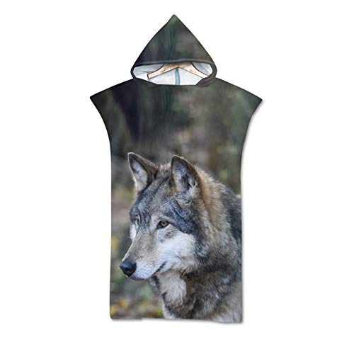 Oduo Poncho Handtuch Erwachsene Mikrofaser, Wolf drucken Badetuch Surf Poncho Herren und Damen Umziehhilfe Strand Ultraleicht und schnelltrocknend (Tier,75*110cm) Cover