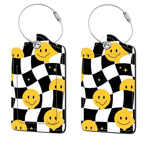 2 Pcs Luggage Tags for Suitcase, Cute Unique PU Leather Travel Bag Tag with Privacy Cover ID Label Address Card and Durable Metal Ring Suitable for Men Women Children Backpack, Wacky Smiley Face