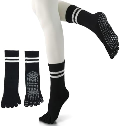 （12:30時点） [YUMISS] ヨガソックス 滑り止め 5本指 ヨガソックス ピラティス靴下【通気性のよい綿素材・指先が自由に動き】 ヨガ靴下 レディース 快適 抗菌消臭 蒸れにくい 冷房対策 22.5cm~25cm スポーツウェア ヨガ ピラティス トレーニング スポーツ (JP, アルファベット, Free Size, ブラック)