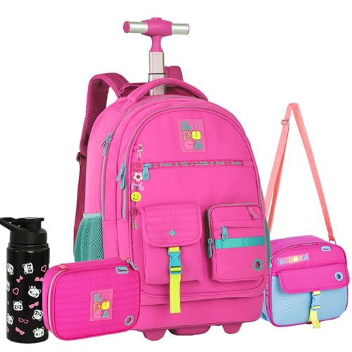 Kit mochila Luluca de rodinhas grande com Lancheira e estojo e garrafa Rosa