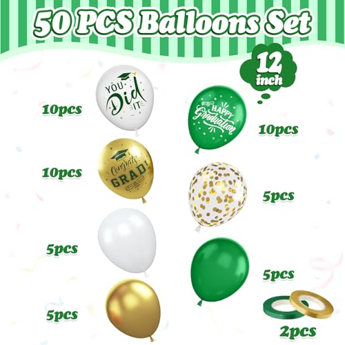 Image of Graduation Balloons, 50 Pcs Green Gold for Class of 2026 Grad Party Decor