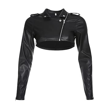 Amazon.com: HeiBai Xiong Cropped Leather Jacket Goth Moto