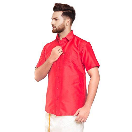 Image of SJS-Men's Half Sleeve Solid Art Silk Shirt