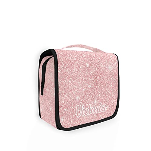 Custom Light Pink Glitter Pattern Travel Hanging Toiletry Bag Personalized Makeup Large Customized Cosmetic Bag Makeup Organizer Bag Waterproof For Women Girl Toiletries Cosmetics #TOP10