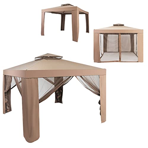 GYMAX 3 x 3 m Pabellón Doble Techo, Pabellón de Jardín Protección Solar con Ventilación, Carpa de Fiesta, con Mosquitera y 4 Paredes Laterales Desmontables, con Armazón de Hierro, para Fiesta (Marrón)