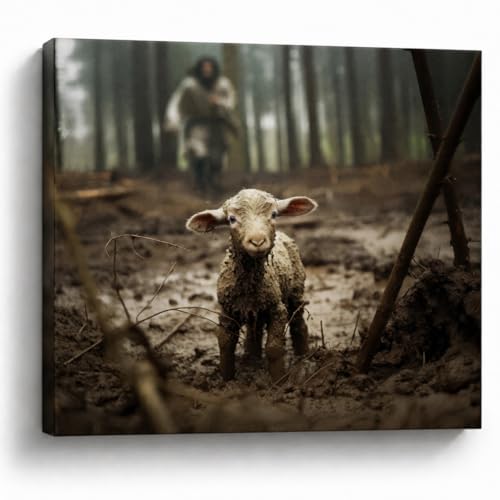Image of GUN SUPPLIES OUTLET LLC Jesus and Lamb Canvas Wall Art Jesus Running After Lost Lamb Picture Wall Art Christian Home Decor 12x16 inch