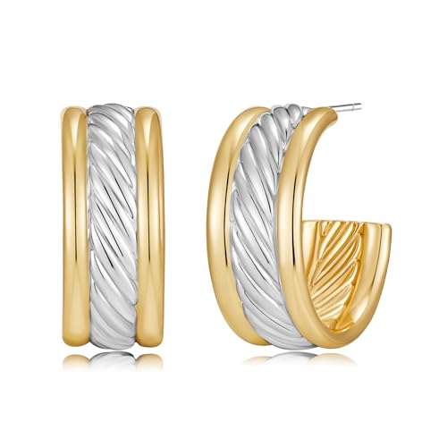SHANTYSON - Chunky Band C Shape Hoop Earrings with Gold Band and Parallel Silver Cable, Onesize, Metal Brass, No Gemstone
