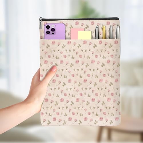 Vintage Roses Book Lovers Gifts,Book Sleeve Pink Flowers Waterproof Books Bag for Paperbacks with Zipper Front Pocket Bookish Accessories Gifts for Women Readers Christmas Graduation
