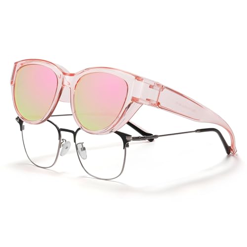 HAOLOTA Polarized Fit Over Sunglasses for Women UV Protection Trendy Small Wrap Around Overglasses for Driving A08 Clear Pink/Pink S Size