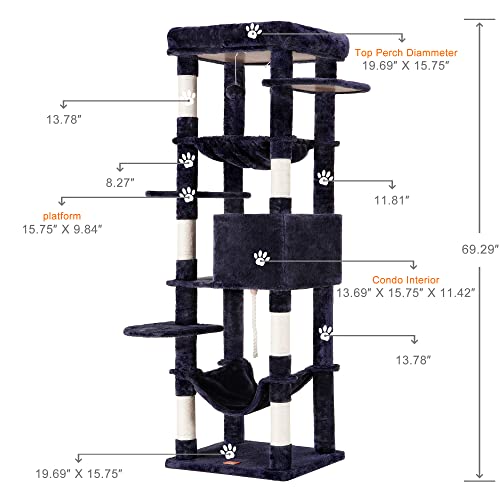 Image of Heybly Cat Tree for Large Cats 20 lbs, 69 inches Cat Tower HCT031G | Heavy Duty Cat Condo for Indoor Cats, Multi-Level Furniture with Big Padded Plush Perch, Cozy Basket, Smoky Gray