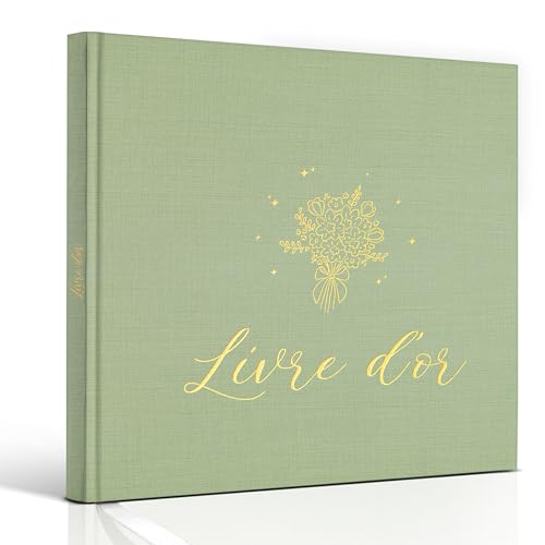 Livre d’or élégant avec couverture en lin et dorure raffinée, 84 pages vierges à personnaliser, pages blanches pour mariage, anniversaire, baptême, communion, fête et location de vacances (vert lin)