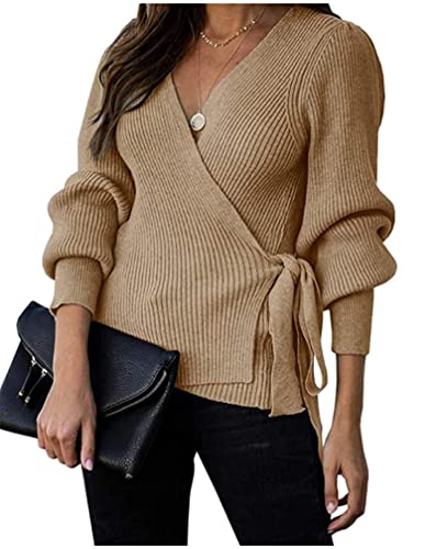 Kirundo 2023 Women's Fall Winter Wrap V Neck Sweater Balloon Sleeves Ribbed Knitted Pullover Tie Front Tunic Top Jumper(Large, Khaki) #TOP12